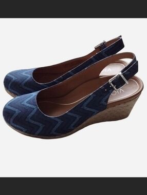 Vionic Coralina Blue Geometric‎ Wedge Espadrilles Size 6 Slingback Comfort EUC